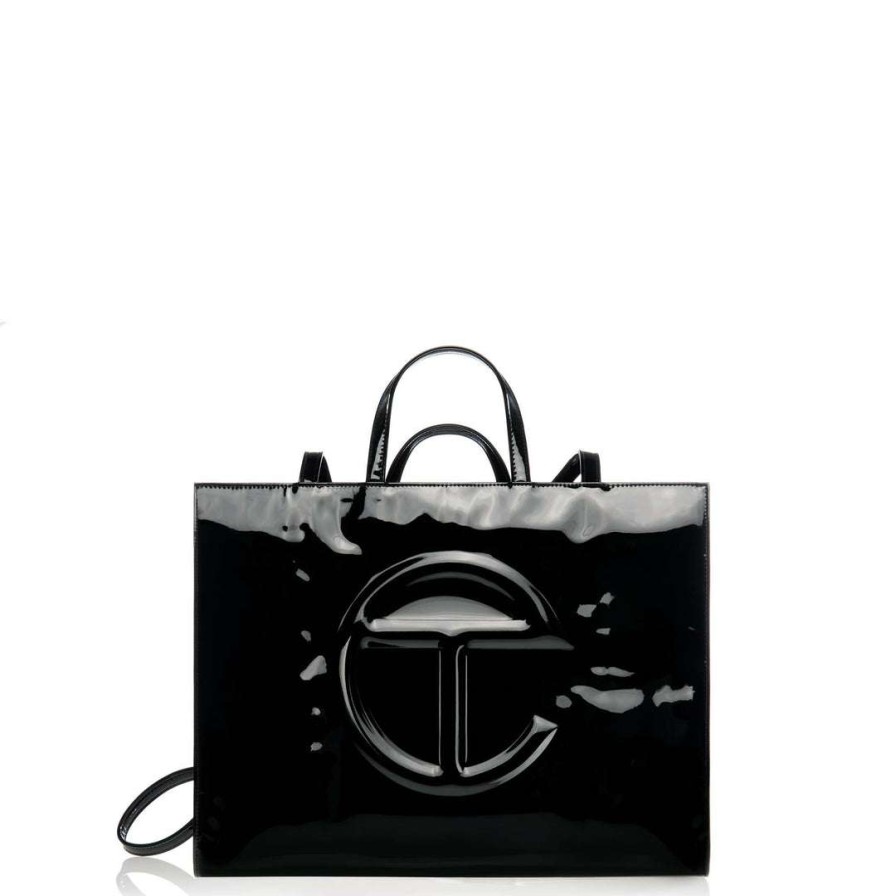 Bags * | Budget Telfar Large Black Patent Shopping Bag Patent Shoppers